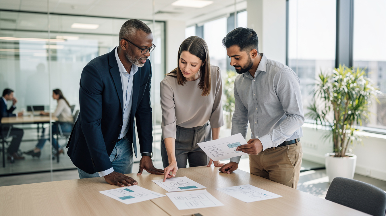 Team analyzing organizational reports in a modern office